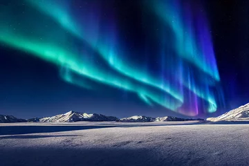 Wall murals Northern Lights Aurora borealis on the Norway. Green northern lights above mountains. Night sky with polar lights. Night winter landscape with aurora and reflection on the water surface. Natural back