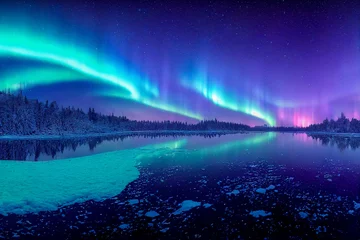 Foto auf Acrylglas Nordlichter Aurora borealis auf dem Norwegen. Grüne Nordlichter über Bergen. Nachthimmel mit Polarlichtern. Nachtwinterlandschaft mit Aurora und Spiegelung auf der Wasseroberfläche. Natürlicher Rücken