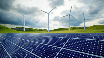 Alternative energy solar and wind turbines farm 3D illustration 3D rendering. You can use it for a...