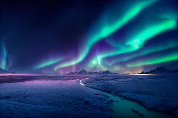 Selbstklebende Fototapete Nordlichter Aurora borealis auf dem Norwegen. Grüne Nordlichter über Bergen. Nachthimmel mit Polarlichtern. Nachtwinterlandschaft mit Aurora und Spiegelung auf der Wasseroberfläche. Natürlicher Rücken