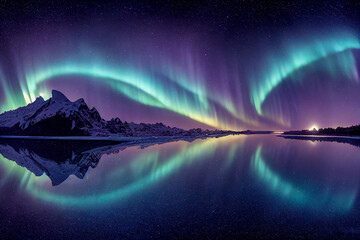 Aurora borealis auf dem Norwegen. Grüne Nordlichter über Bergen. Nachthimmel mit Polarlichtern. Nachtwinterlandschaft mit Aurora und Spiegelung auf der Wasseroberfläche. Natürlicher Rücken