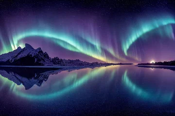 Fond de hotte en verre imprimé Aurores boréales Aurore boréale sur la Norvège. Aurores boréales vertes au-dessus des montagnes. Ciel nocturne avec lumières polaires. Paysage d& 39 hiver nocturne avec aurore et réflexion sur la surface de l& 39 eau. Dos naturel