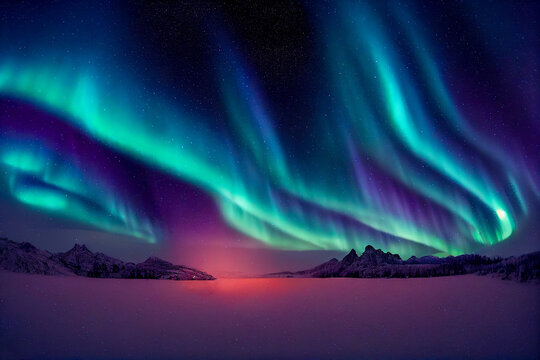 Aurora borealis on the Norway. Green northern lights above mountains. Night sky with polar lights. Night winter landscape with aurora and reflection on the water surface. Natural back