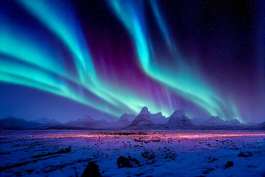 Aurora borealis on the Norway. Green northern lights above mountains. Night sky with polar lights. Night winter landscape with aurora and reflection on the water surface. Natural back