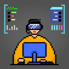 8 bit pixel modern technology, virtual reality connected to computer. Icon pixels For game assets and web icons in vector illustrations.