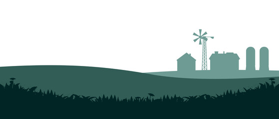 Rural farm. With fields, pastures and buildings. Picture silhouette. Breeding domestic farm animals and plants. Isolated on white background. Vector