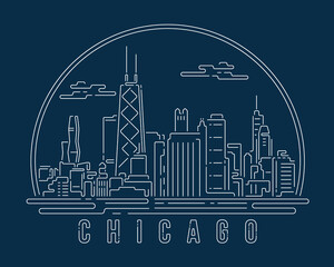Fototapeta premium Cityscape with white abstract line corner curve modern style on dark blue background, building skyline city vector illustration design - Chicago