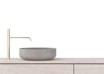 Washbasin mit faucet and cabinet on transparent background. Front view. Cut out bathroom furniture. Modern sink. Modern interior design element. Cleanliness, washing, routine. Copy space. 3D render