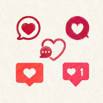 Vector watercolor heart message icon, painted colorful heart message symbol on white background, Love like heart social media notification icon. Emoji, chat and Social Network.