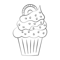 Cupcake with cream and decorations with a thin line. Vector on a white background
