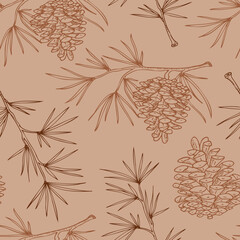 seamless color pattern with pine cones and branches, contour drawing by hand