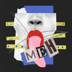 Contemporary art collage. Creative bright design. Female face part expressing funny, teasing emotion, tongue sticking out