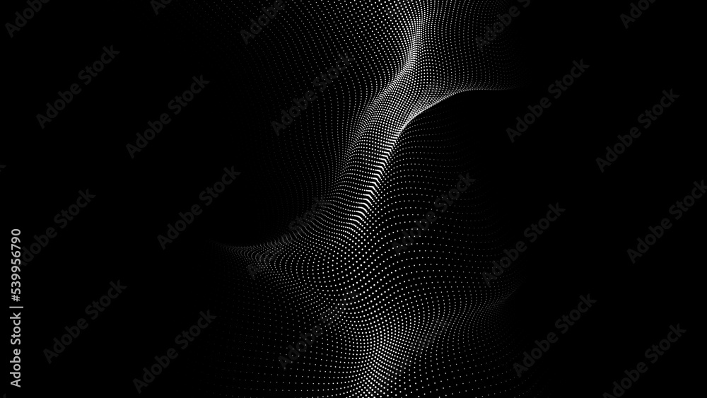Poster a moving digital 3d wave. futuristic dark background with dynamic white particles. the concept of bi