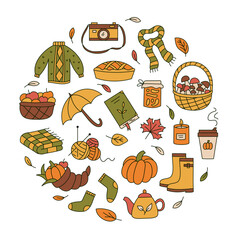 Autumn round emblem with colorful doodle elements.