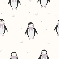 Christmas seamless pattern with cute penguin in scarf and slippers. A traditional December print with a funny animal. Arctic penguin and snowflakes. Baby holiday background.