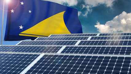 Solar panel, photovoltaic, alternative electricity source - concept of sustainable resources renewable energy Green energy sustainability power flag wave sunset
