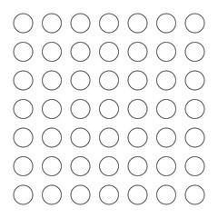 Black circles, polka dot pattern. 49  outlined shapes, 7x7 grid. Isolated png illustration, transparent background. Asset for overlay, montage, collage, presentation, mark making.