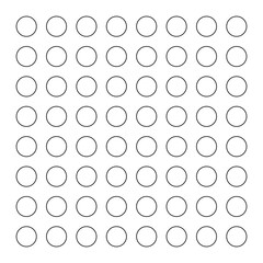 Black circles, polka dot pattern. 64  outlined shapes, 8x8 grid. Isolated png illustration, transparent background. Asset for overlay, montage, collage, presentation, mark making.