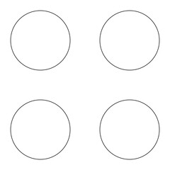 Black circles, polka dot pattern. Four, 4,  outlined shapes, 2x2 grid. Isolated png illustration, transparent background. Asset for overlay, montage, collage, presentation, mark making.