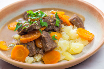 beef stew with carrot and mashed potatoes