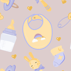 Baby shower gifts seamless pattern with infant bottle, pacifier, safety pin, bib, small socks, soother and hearts.