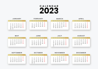 New year 2023 modern calendar template week starts monday. English vector calendar layout