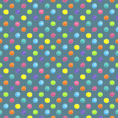 Seamless pattern bright colorful dots drawn with wax crayons on a blue green background. For fabric, sketchbook, wallpaper, wrapping paper.