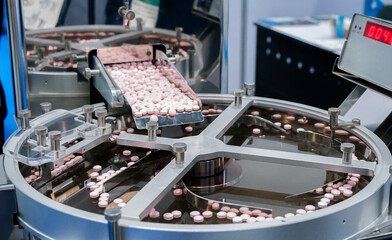 Closeup of pharmaceutical medicine tablet pill production, pharmacy medicine capsule pill in...
