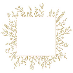 Square hand drawn line floral frame. Elegant vintage logo template with flowers, branches and leaves. Botanical decoration elements for label, branding business identity, wedding invitation, greeting 