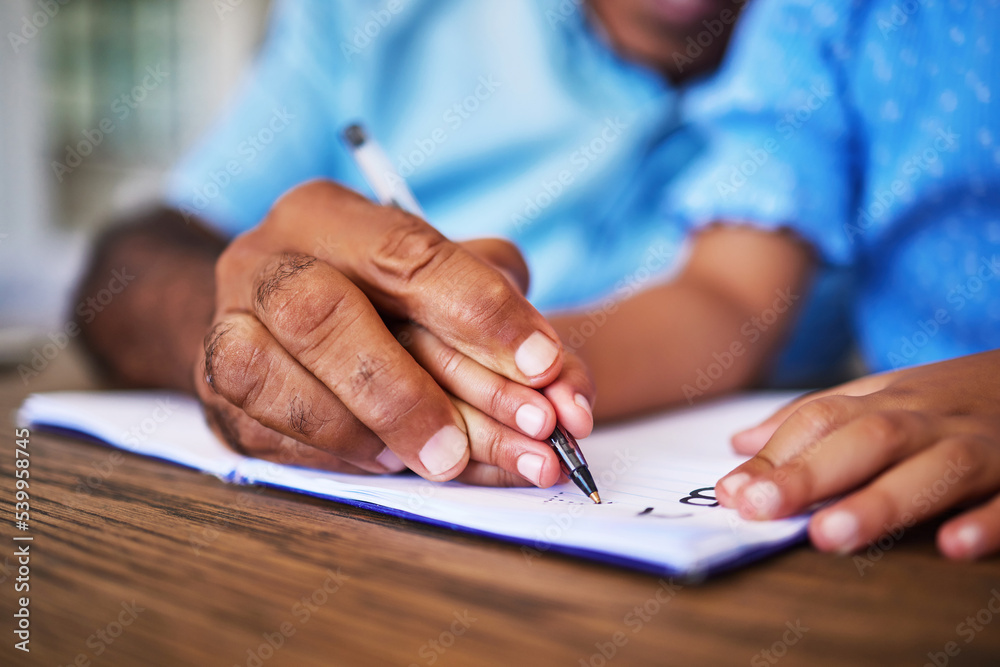 Poster writing, teaching and learning, hands and pen, grandfather with child practice handwriting in notebo
