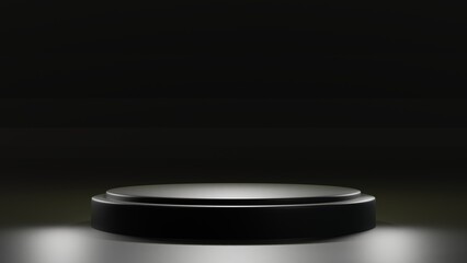 Black podium display with blank backdrops. 3D rendering.