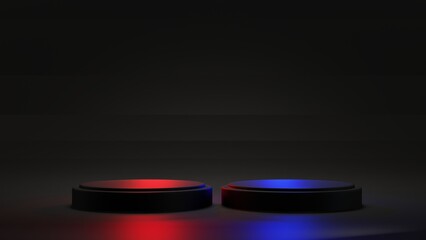 Black podium display with blank backdrops. 3D rendering.