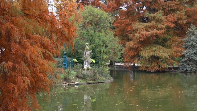 Juno statue and pond of the Jardin Public park on an Autumn day in Bordeaux, France