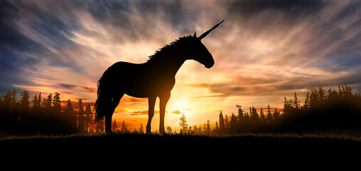 Unicorn silhouette at sunset
