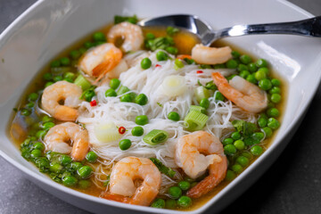 soup with shrimps, vegetables and rice nooodles