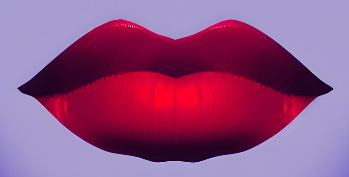 Huge red lips of a woman, posterized illustration on a violet backdrop. Dense red color, closed mouth.
