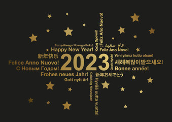 Happy New Year 2023 in different languages word cloud greeting card concept, vector illustration - obrazy, fototapety, plakaty
