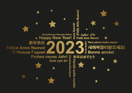 Happy New Year 2023 in different languages word cloud greeting card concept, vector illustration