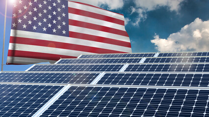 Solar panel, photovoltaic, alternative electricity source - concept of sustainable resources renewable energy Green energy sustainability power flag wave sunset