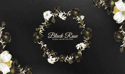 background black and gold rose floral hand drawn