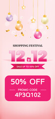 12.12 sale banner promotion discount offer template design with christmas ball and gift for website or social media. 3d render.