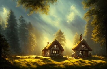 Small tudor cottage in a field near a pine forest. blue sky illustration