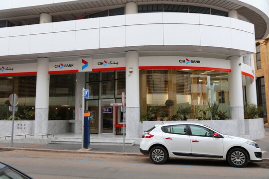CASABLANCA, MOROCCO - FEBRUARY 22, 2022: CIH Bank branch in downtown Casablanca, Morocco. CIH is a Moroccan bank (short for full name:  Credit immobilier et hotelier).
