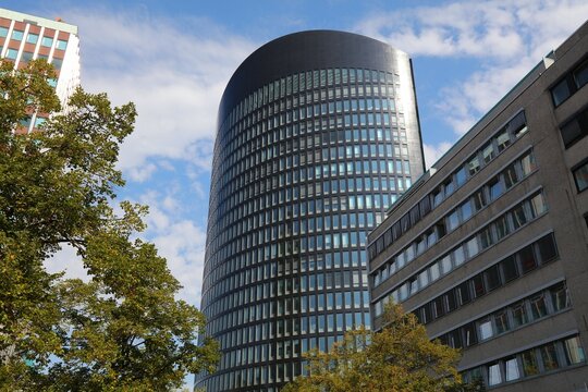 DORTMUND, GERMANY - SEPTEMBER 16, 2020: RWE Tower rounded skyscraper in Dortmund, Germany. The office building is used by RWE Group (energy industry).