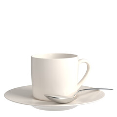 3d rendering illustration of a coffee cup with saucer and spoon