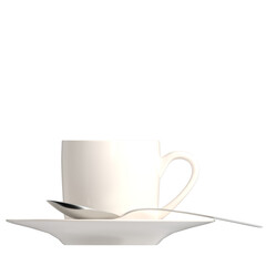 3d rendering illustration of a coffee cup with saucer and spoon