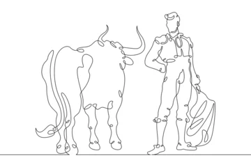Zelfklevend Fotobehang One continuous line. Spanish style bullfight. Spanish matador. Toreador in traditional costume. Bull in battle. One continuous line on a white background. © derplan13