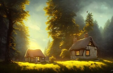 Small tudor cottage in a field near a pine forest. blue sky illustration
