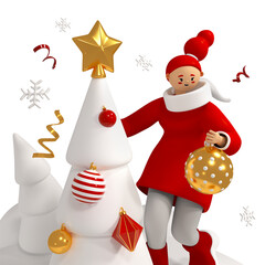 Girl decorating Christmas tree  - modern colorful 3d illustration
