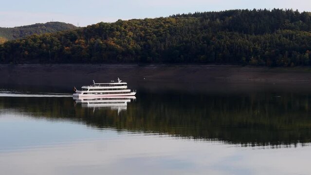 the german edersee lake with a passenger ship at very low water 4k 30fps video